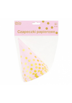 Czapeczki papierowe "Złote groszki", różowe, 6 sztuk