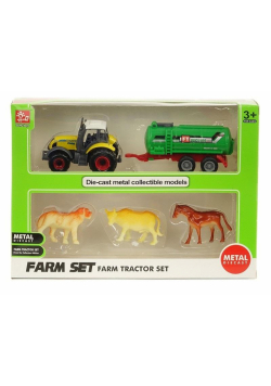 Traktor metalowy z przyczepą i zwierzętami