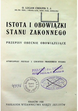 Istota i obowiązki stanu zakonnego 1930 r.