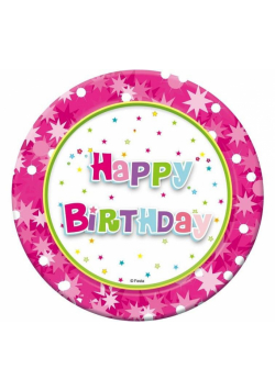 Talerzyki papierowe Happy Birthday róż 18cm 6szt