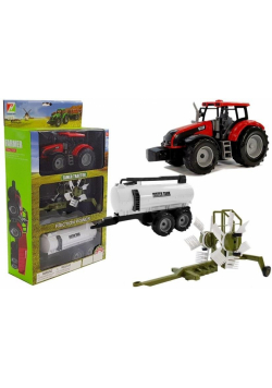 Traktor z przyczepką zgrabiarką i cysterną