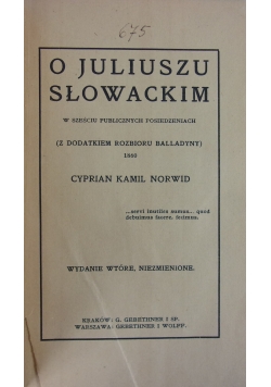 O Juliuszu Słowackim ,1909r.