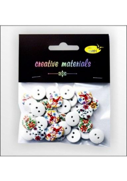 Guziki drewniane białe nadruk kwiaty 15mm 15g