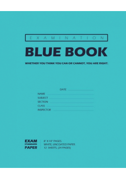 Examination Blue Book, Wide Ruled, 12 Sheets (24 Pages), Blank Lined, Write-in Booklet (Royal Blue)
