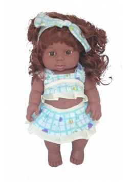 Lalka murzynka żółto-niebieska sukienka 28 cm