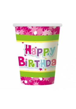 Kubeczki papierowe Happy Birthday różowe 6 sztuk