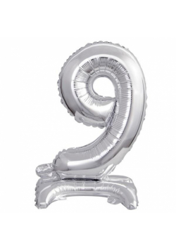 Balon foliowy mini cyfra 9 na stojaku srebrna