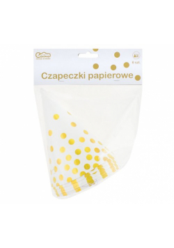Czapeczki papierowe "Złote groszki", białe, 6 sztuk
