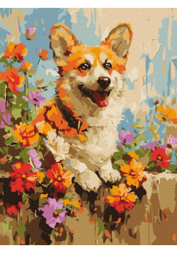 Malowanie po numerach - Corgi w kwiatach 30x40cm
