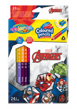 Kredki ołówkowe trójkątne Colorino Kids 24 kolorów 12 sztuk z temperówką Avengers