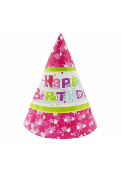 Czapeczki papierowe Happy Birthday różowe 6 sztuk