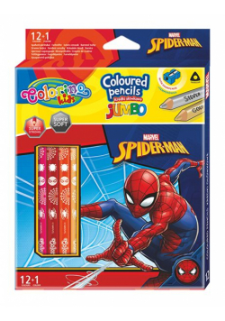 Kredki ołówkowe trójkątne jumbo Spiderman Colorino Kids 13 kolorów 12 sztuk z temperówką