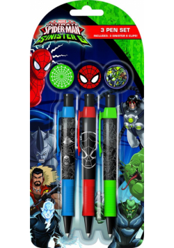 Spiderman 6 zestaw: 3 długopisy + 3 clipsy