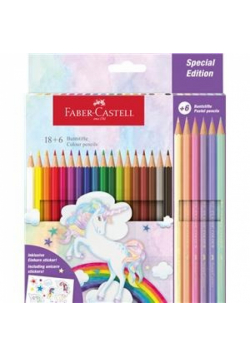 Kredki sześciokątne Jednorożec Faber-Castell 18 kolorów + 6 kolorów pastelowych + naklejki