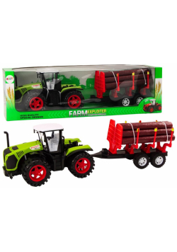 Traktor z przyczepą na drewno zielony