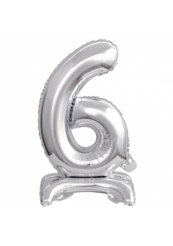 Balon foliowy mini cyfra 6 na stojaku srebrna