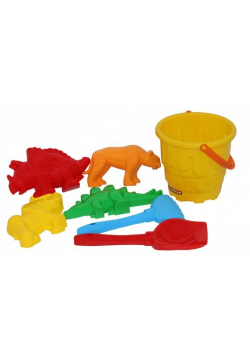 Zestaw Nr527: wiaderko-zamek duże, łopatka Nr5, grabki Nr5, foremki tygrys+ mamut + dinozaur Nr1 + dinozaur Nr2 mix