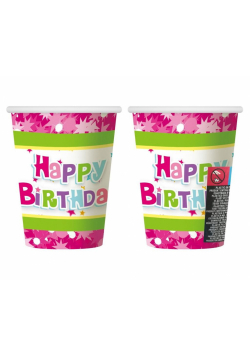 Kubeczki papierowe Happy Birthday róż 270ml 6szt