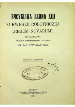 Encyklika Leona XIII o kwestji robotniczej Rerum Novarum 1933 r.