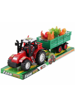 Traktor z przyczepą i kurami