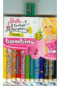 Kredki Bambino drewniane 12 kolorów z nadrukiem z temperówką Barbie