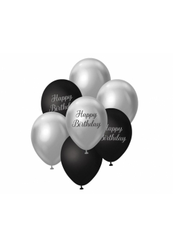 Balony B&C srebrno-czarny Happy Birthday 7szt