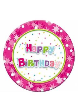 Talerzyki papierowe Happy Birthday różowe 6 sztuk