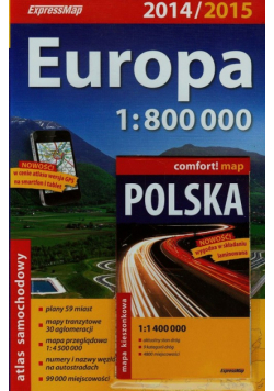Europa atlas samochodowy 1:800 000 + laminowana mapa kieszonkowa Polski 1:1 400 000