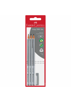 Grip 2001 set srebrny 3x ołówek hb +gumka nakładka blister faber-castell