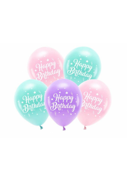 Balony Eco Happy Birthday różowy 26cm 5szt