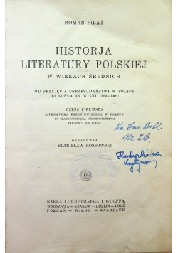 Historya literatury Polskiej Tom I Część I i II 1926 r.