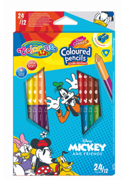 Kredki ołówkowe trójkątne Colorino Kids 24 kolorów 12 sztuk z temperówką  Mickey